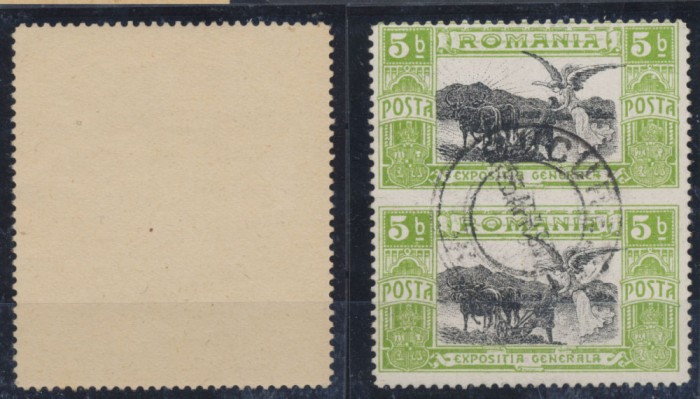 Expozitia Generala 1906 5 Bani eroare pereche verticala nedantelata la mijloc, stampilata