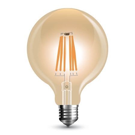 Bec LED E27 8W cu filament alb cald V-TAC, G125 2200K dimabil