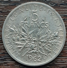 (A957) MONEDA DIN ARGINT FRANTA - 5 FRANCS 1962, SEMANATOAREA, 12 GRAME, AG 835 foto