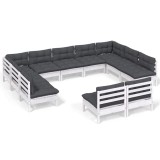 Set mobilier de gradina cu perne, 11 piese, alb lemn masiv pin