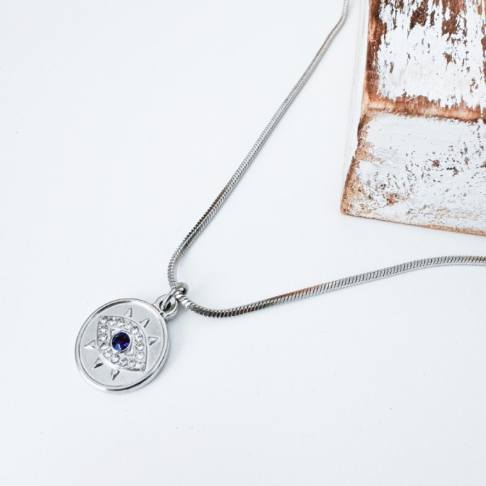 Colier Evil Eye din otel inoxidabil cu strasuri - Protectie energii negative