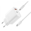 Incarcator Retea 30W PD Dual USB, Fast charge XO L116, cu cablu USB-C - USB-C, Alb