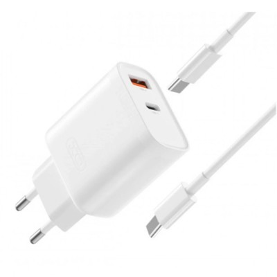 Incarcator Retea 30W PD Dual USB, Fast charge XO L116, cu cablu USB-C - USB-C, Alb foto