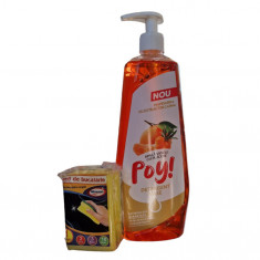 Detergent de Vase cu Pompita Poy, Parfum de Mandarina, 750ml+1 Burete de Vase