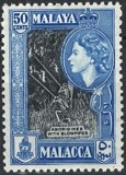 Malaezia - Statul Malacca (Colonie Britanică) 1957 - Timbru Definitiv &bdquo;Aborigeni cu Sarbacane / Regina Elisabeta a II-a / 50 Cents&rdquo; -KV1