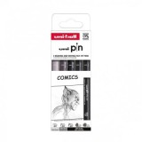 Set 5x Liner UNI PIN-200 ASP019, pe baza de apa, varf 0. 7-1. 0mm + pensula, negru, gri deschis, gri inchis