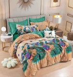 Cumpara ieftin Lenjerie pat dublu,bumbac finet,6 piese,cearceaf cu elastic,verde maro cu pauni-A904, Jojo Home