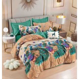 Lenjerie pat dublu,bumbac finet,6 piese,cearceaf cu elastic,verde maro cu pauni-A904