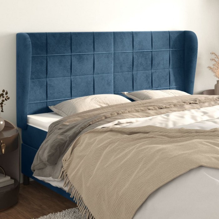 Tăblie pat cu urechi albastru &icirc;nchis 183x23x118/128 cm catifea