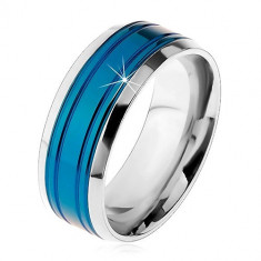 Verighetă oțel chirurgical, bandă albastră, margini argintii, crestături, 8 mm - Marime inel: 70