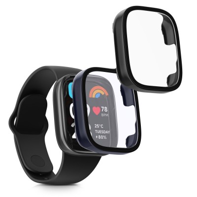Set 2 Huse Kwmobile cu sticla securizata pentru Xiaomi Redmi Watch 3 Active / Redmi Watch 3 Lite, Negru/Albastru inchis, Plastic, KWM000024ZD003C foto
