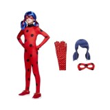 Cumpara ieftin Set costum copii Buburuza &ndash; tip combinezon rosu, cu masca, peruca si manusi, marime 110-120 cm, 5-7 ani