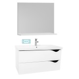 Cumpara ieftin Set mobilier baie suspendat GN0971, front MDF cu lavoar ceramic, 80 cm, 2 sertare, glisiere soft close si oglinda cu polita GN0551, dreptunghiulara, P