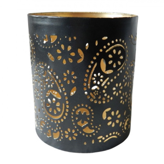 Suport Lumanare Metalic, Model Paisley, Negru, Diametru 8.5 cm, Inaltime 10 cm