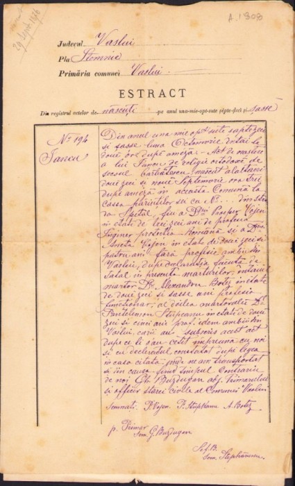 A2045 Extras registru născuți și recipisă, 1876, Vaslui