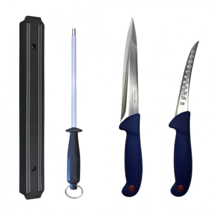 Set profesional de macelarie, injunghiat, transat, filetat, dezosat, 2 cutite, suport magnetic, masat pentru ascutit