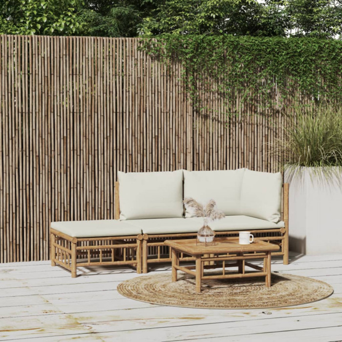 Set mobilier de gradina, cu perne alb crem, 3 piese, bambus GartenMobel Dekor