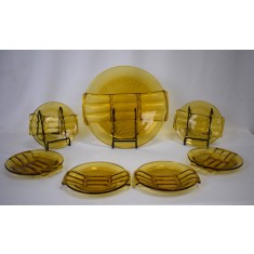 Set pentru desert Art Deco din sticlă presată de culoare chihlimbar Walther &amp; S&ouml;hne - model Orient - cca.1930