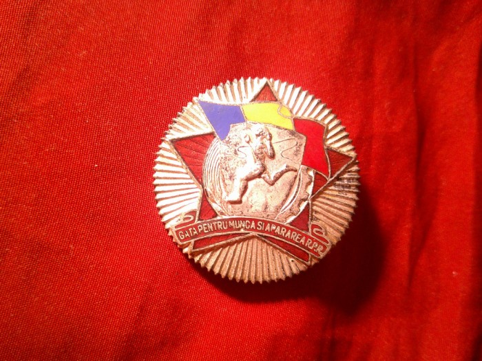 INSIGNA GATA PENTRU MUNCA SI APARAREA RPR , diam. 35 mm ,metal argintat