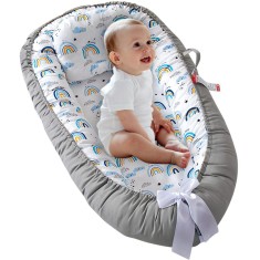 Cosulet Bebelusi pentru Dormit tip Baby Nest, Linomag&reg;, cu Doua Fete, 0-24 Luni, 90x55cm, Husa Bumbac, Confort &amp; Siguranta, Alb/Gri deschis