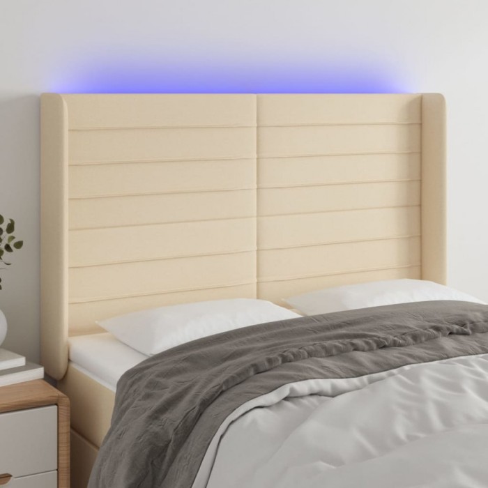 vidaXL Tăblie de pat cu LED, crem, 147x16x118/128 cm, textil 3124191