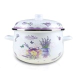 Oala emailata cu capac, diametru 24 cm, inaltime 14cm, capacitate 4.90L, compatibila cu masina de spalat vase, alb/mov