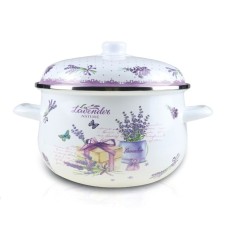 Oala emailata cu capac, diametru 22 cm, inaltime 12cm, capacitate 3.90L, compatibila cu masina de spalat vase, alb/mov