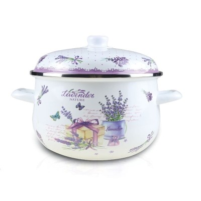 Oala emailata cu capac, diametru 24 cm, inaltime 14cm, capacitate 4.90L, compatibila cu masina de spalat vase, alb/mov foto
