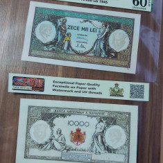 REPRODUCERE pe hartie cu filigran si fire UV proiect bancnota 10.000 Lei 1945
