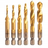 Cumpara ieftin Set burghie cu tarod HSS TiN auriu M3 - M10, 6 buc, HEX 6.35 mm, pentru gaurire, filetare si debavurare in metal, aluminiu, plastic si lemn