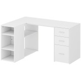 HOMCOM Birou de colț, Birou pentru PC &icirc;n L, 3 sertare, 5 compartimente deschise, rafturi reglabile, 140x100x75cm, Alb | Aosom Romania