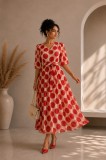 Rochie dama midi cu buline rosii si decolteu in V