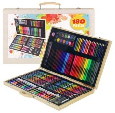 Set Pentru Desen cu 180 de Piese Non Toxice Cutie de Lemn foto