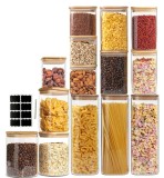 Set 14 Recipiente pătrate din sticlă borosilicată cu capac din bambus etanș Koken, pentru depozitarea alimentelor uscate și cerealelor