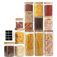 Set 14 Recipiente pătrate din sticlă borosilicată cu capac din bambus etanș Koken, pentru depozitarea alimentelor uscate și cerealelor