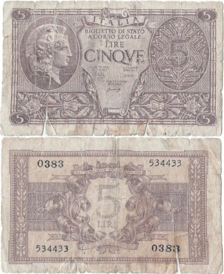 1944 (23 XI), 5 lire (P-31b) - Italia! foto