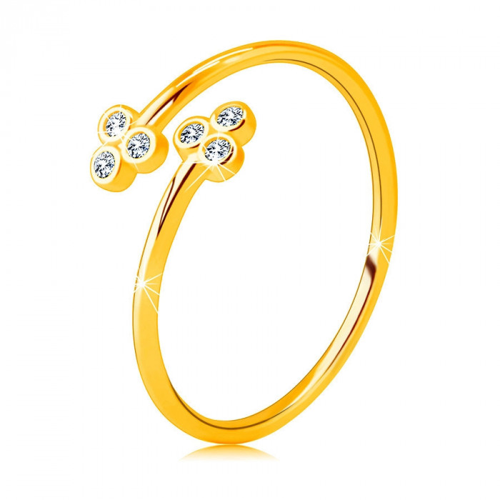 Inel din aur 375 cu brațe &icirc;nguste - două trifoaie cu zirconii rotunde clare - Marime inel: 58