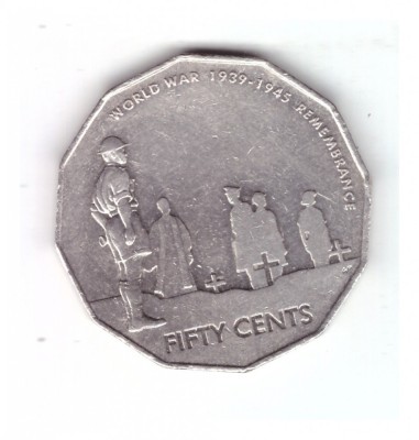 Moneda Australia 50 cents/centi 2005, 60 de ani sfarsitul WW II, stare buna foto