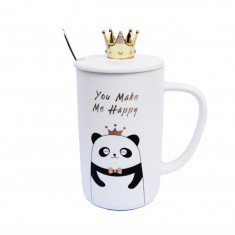 Cana cu capac din ceramica Pufo Make me Happy, pentru cafea sau ceai, 350 ml, alb