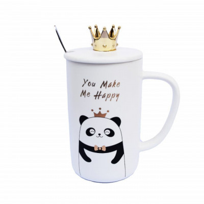 Cana cu capac din ceramica Pufo Make me Happy, pentru cafea sau ceai, 350 ml, alb foto