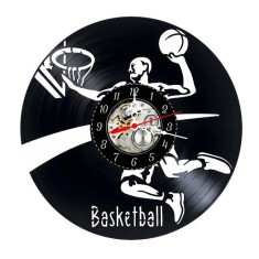Ceas de perete decorativ realizat din disc de vinil, Model Baschet, Jucator in Aer cu Minge si Cos, Text Basketball, Negru Premium, 30 cm