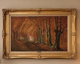 Ulei pe p&acirc;nză o lucrare veche de dimensiuni mari un peisaj de toamnă cu o alee mărginită de copaci mari cu frunziș