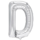 Balon folie metalizata litera d, flippy, 80 cm, umflati cu heliu sau aer, ambalaj individual, pai inclus, argintiu
