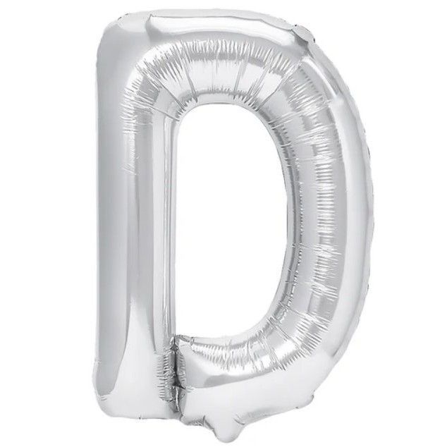 Balon folie metalizata litera d, flippy, 80 cm, umflati cu heliu sau aer, ambalaj individual, pai inclus, argintiu