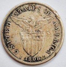 PHILIPPINES 1 Peso 1908 _ moneda argint _ km # 172 _ AG . 800 foto