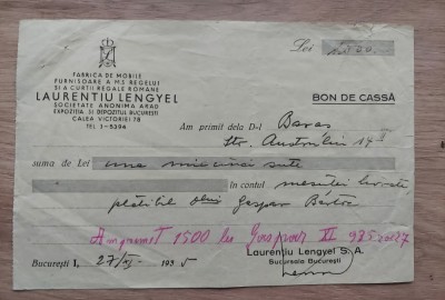 Document cu antet Fabrica de mobile Laurentiu Lengyel Arad / Bucuresti / Furnizorul curtii regale foto
