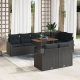 Gossi set de cina pentru gradina , 9 piese cu perne, ratan polyratan negru si acacia
