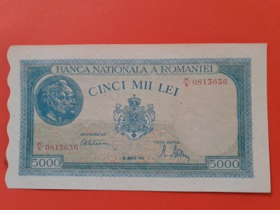 Bancnota 5000 lei 20 Martie 1945 filigran verical - UNC foto