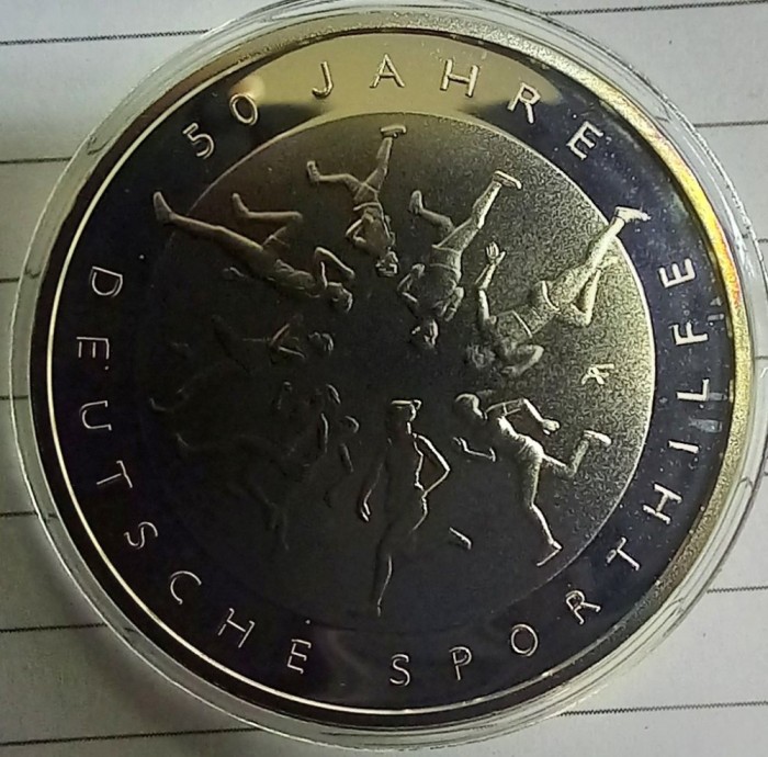 (A75) MONEDA DIN ARGINT GERMANIA - 20 EURO 2017, LIT. D, 50 ANI FUNDATIA DE AJUTOR PENTRU SPORT, STARE PROOF