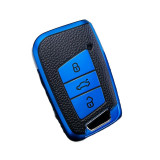 Husa Cheie Auto VW PASSAT B8, ARTEON, Smartkey, Tpu, Aspect Piele, Albastru AutoProtect KeyCars, Oem